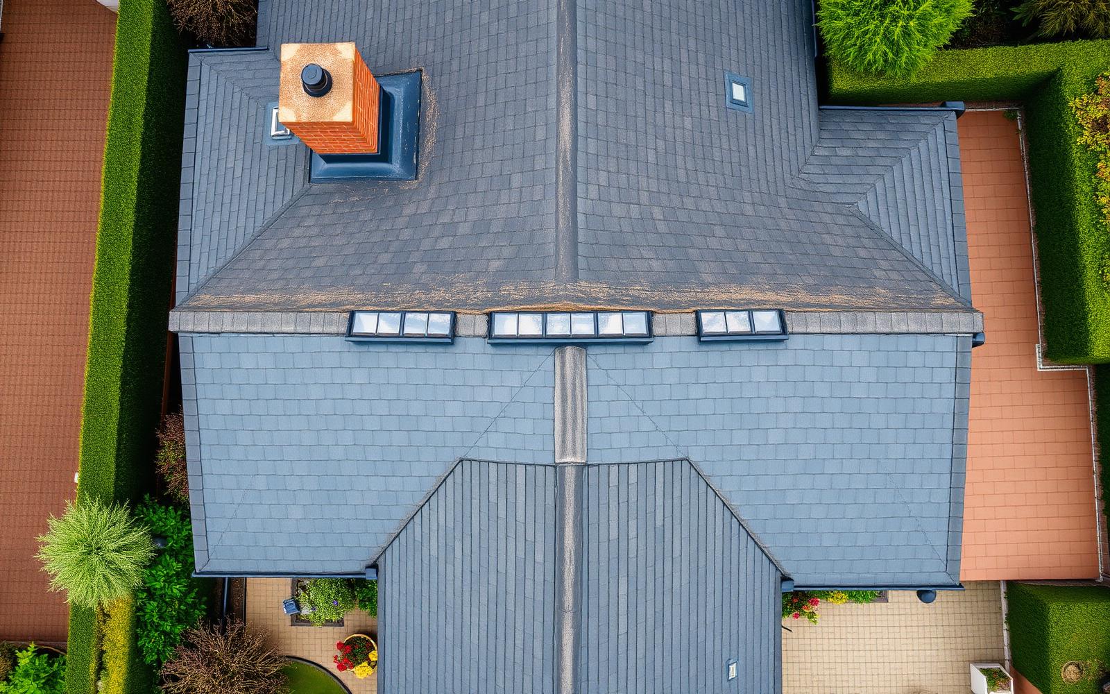 Aerial drone survey view of a British detached house roof showing slate tiles, chimney stack, ridge line and skylights