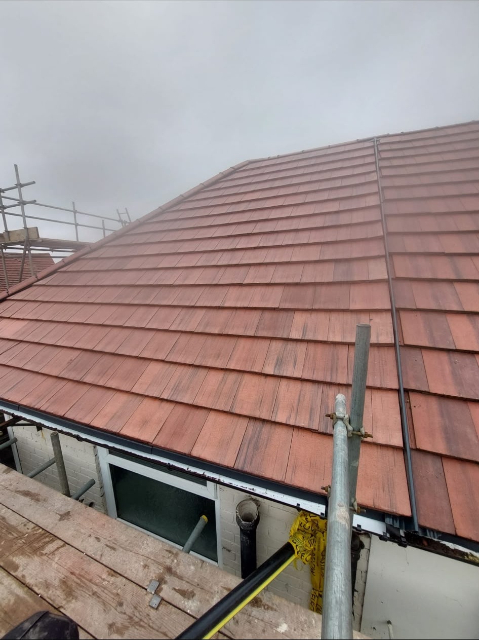 Fresh red plain tile roof slope with scaffolding during a new roof install