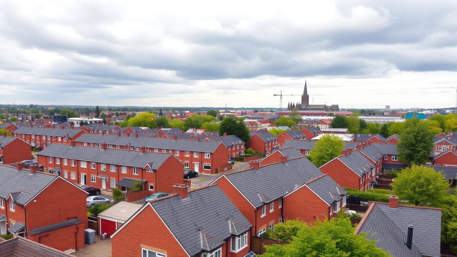 Aerial view of Coventry rooftops, red brick homes with slate and tiled roofs and Coventry Cathedral spire on the horizon