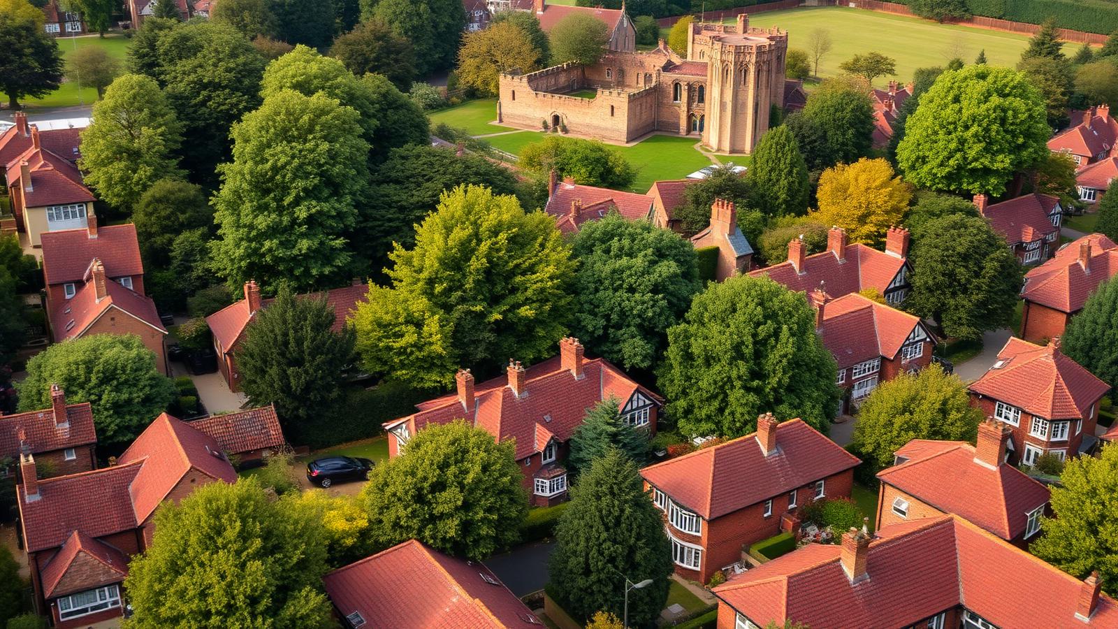 Aerial view of Kenilworth rooftops of red-tile 1930s and Victorian homes with Kenilworth Castle ruins nearby