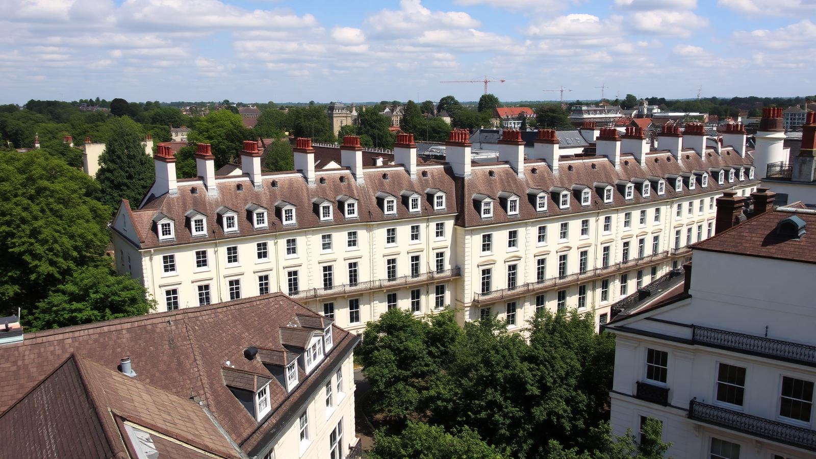 Regency cream stucco terraces of Leamington Spa with grey slate mansard roofs and rows of chimney stacks