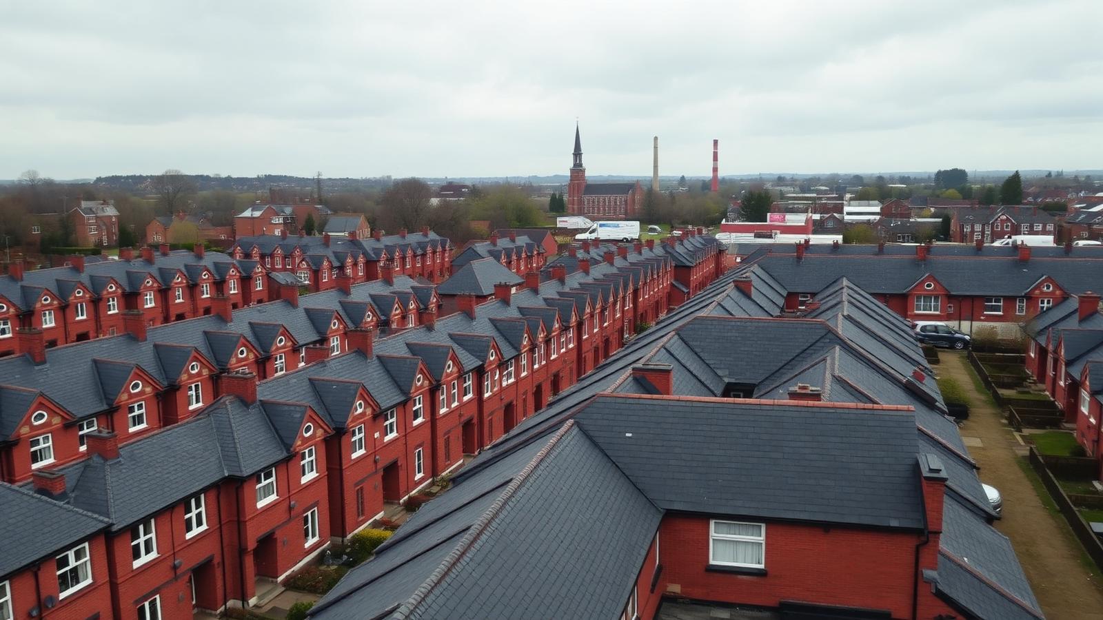 Rows of red-brick Victorian terraces with dark slate roofs in Nuneaton with a church spire on the skyline