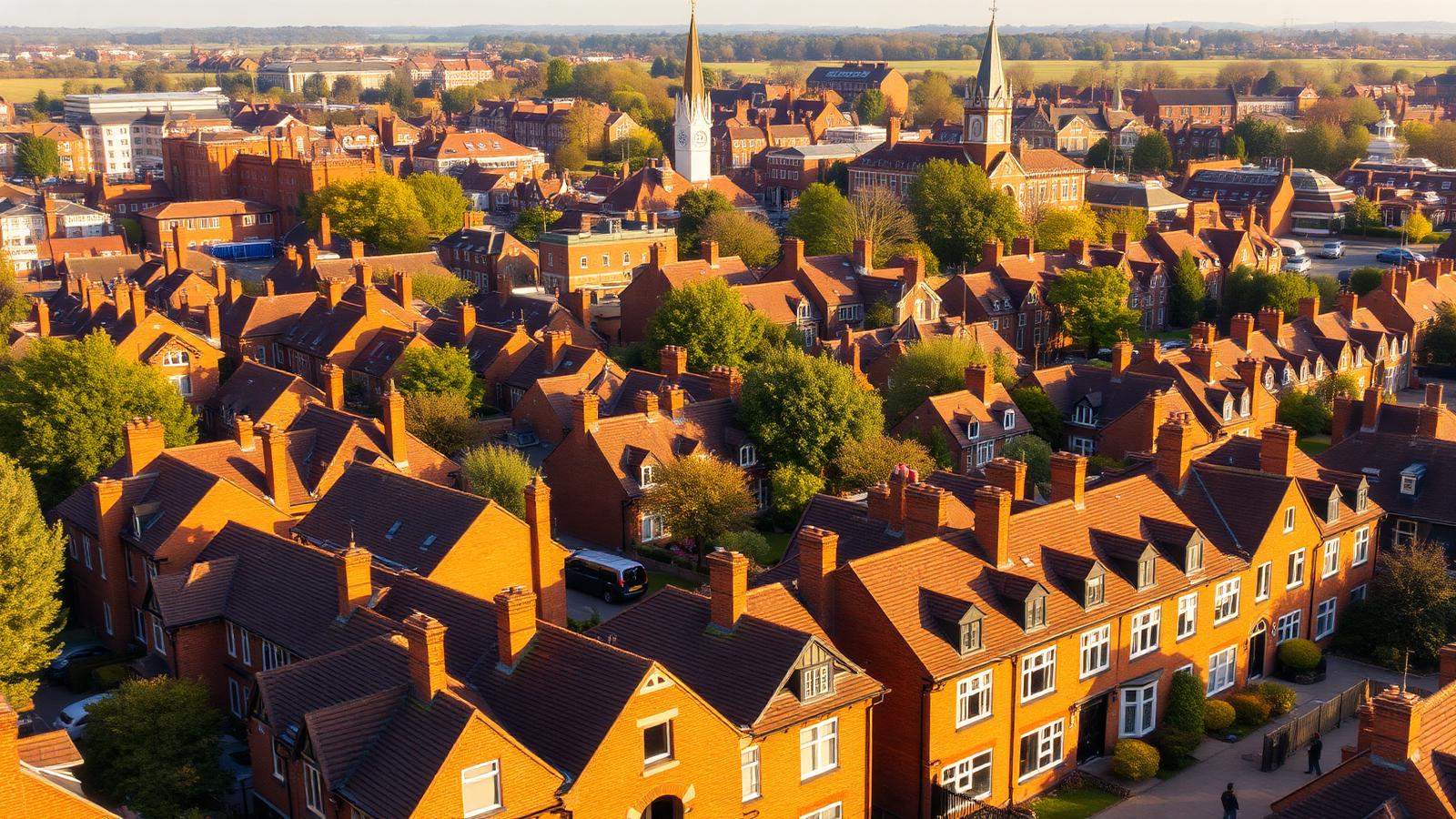 Warm golden hour view of Rugby rooftops, Victorian red brick homes with tiled roofs and church spires beyond