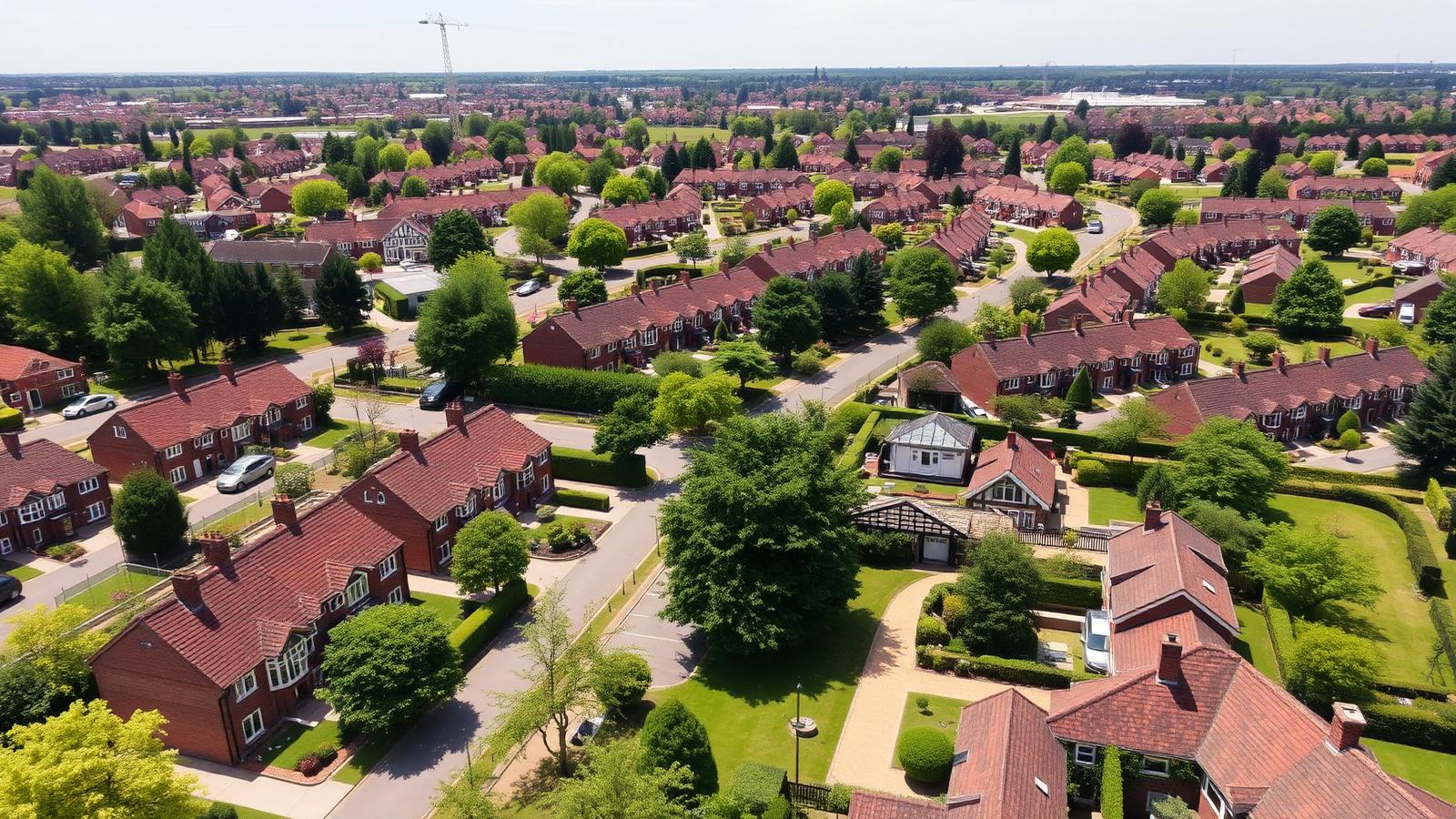 Aerial view of Solihull suburban streets, detached mock-Tudor and modern homes with clay tile roofs and manicured gardens