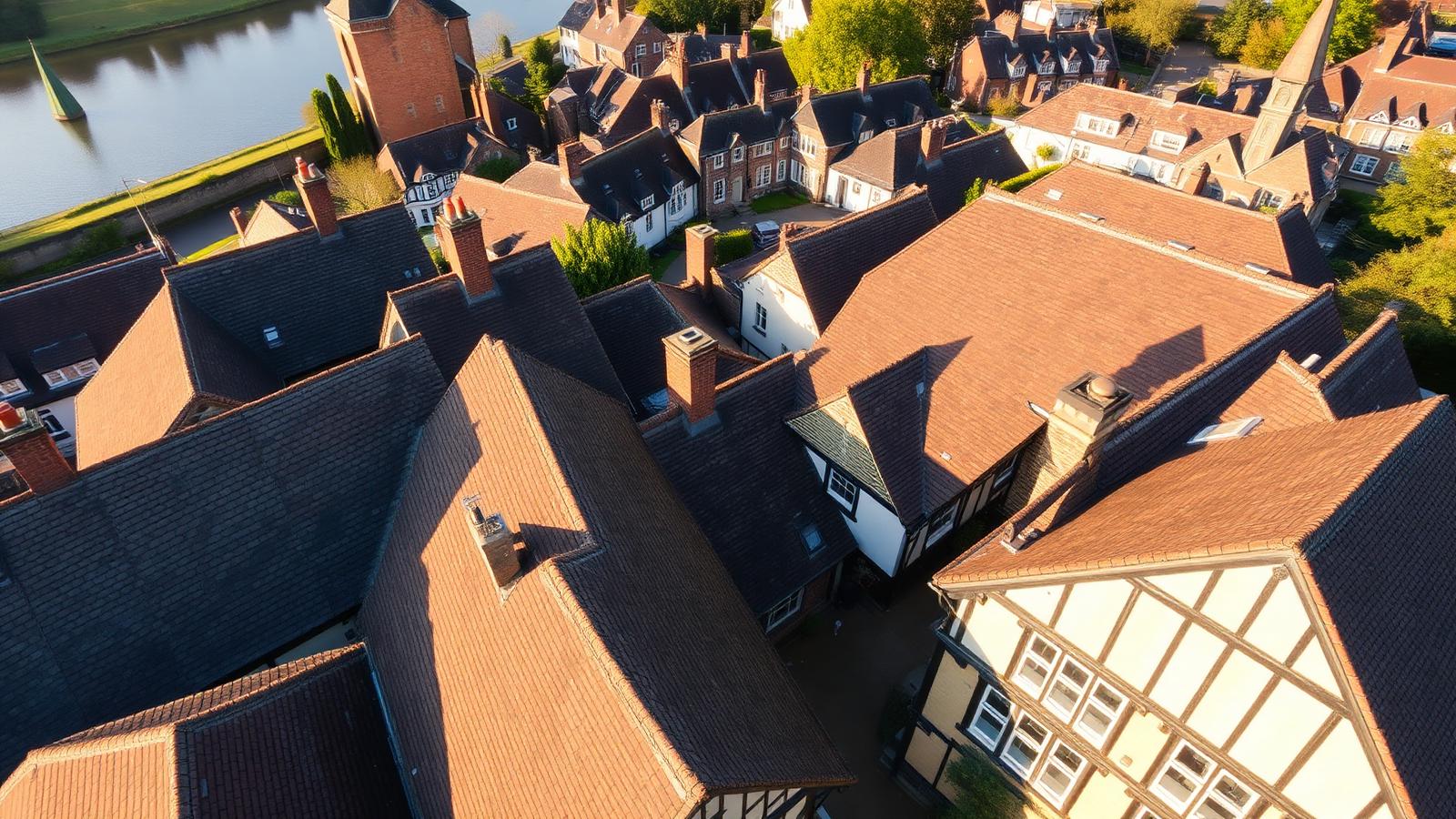 Aerial view of Stratford-upon-Avon rooftops, Tudor timber-framed and Georgian buildings with clay tile roofs beside the River Avon