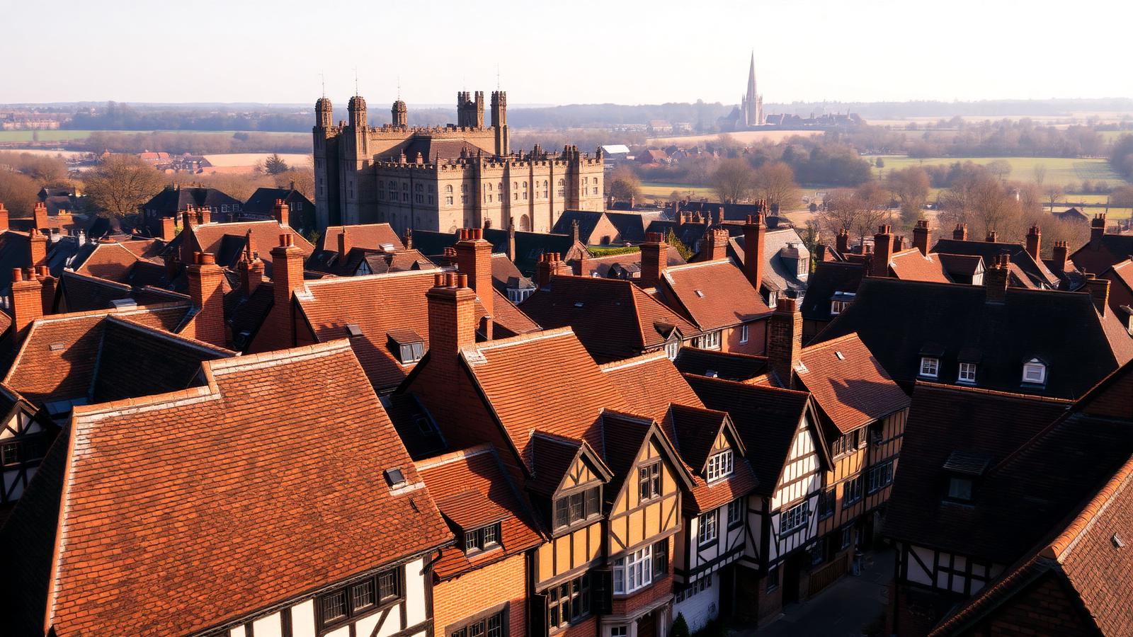 Historic Warwick rooftops of Tudor and Georgian buildings with Warwick Castle towers rising above the town